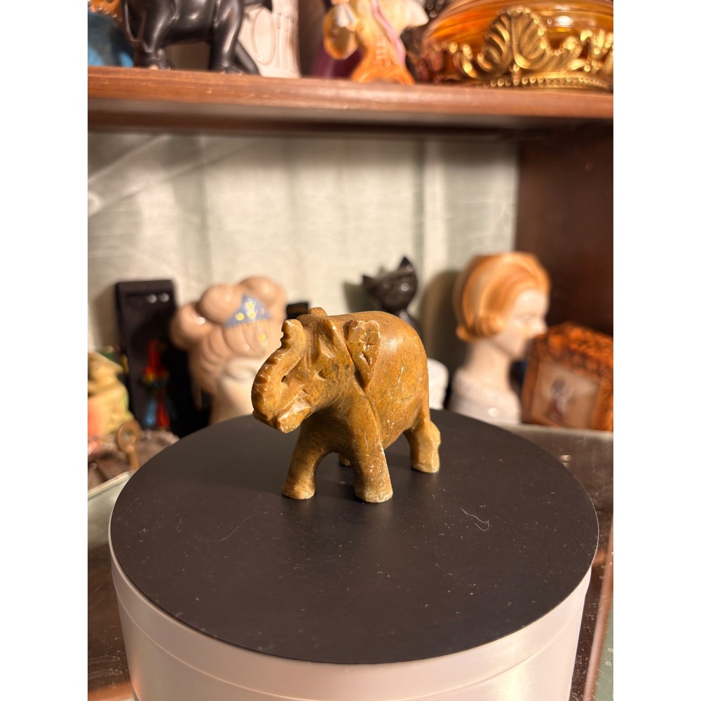 Vintage Hand Carved Stone Elephant Figurine Brown Marble Lucky Trunk Up Decor - Picture 4 of 7